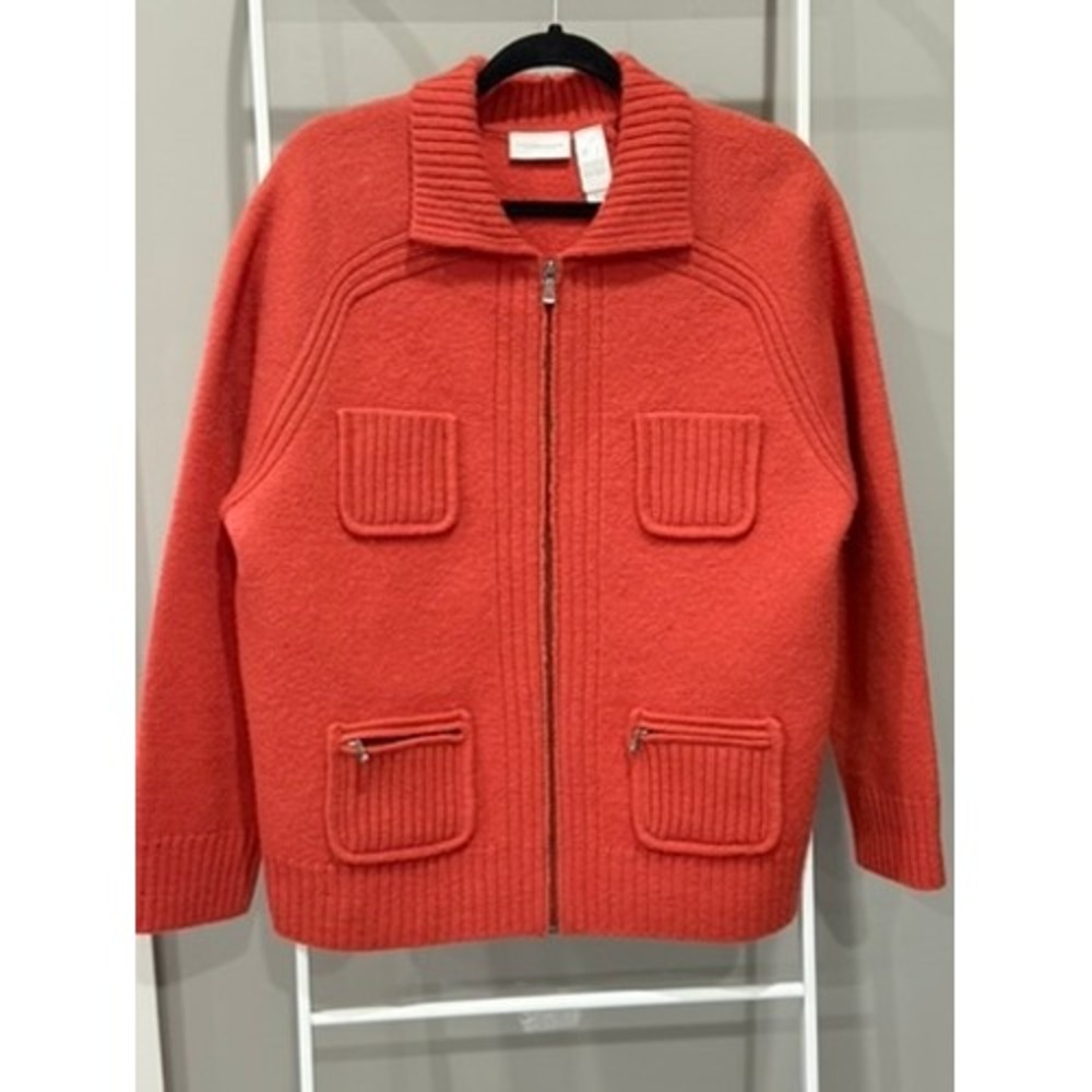 Liz Claiborne 100% Heavy Wool Zip Up Sweater Jacket Orange L Grandmacore‎ Preppy